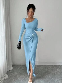 Elenzga Women's Solid Color Fashion Solid Color Twisted Long Dress ,Irregular-Neck Knitted Texture Tight Bodycon, Twisted And Slit Design Dress,Classy Outfits For Women,Fall Women Clothes,Winter Modest Clothes For Women - Blue - View 4