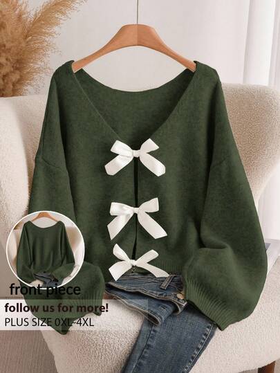 CosyJoli Suéter de punto con lazo en la espalda para mujer de talla grande, de moda, cómodo y versátil para otoño/invierno