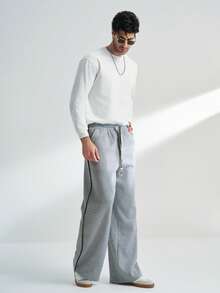 Airaco Pantalones de chándal casuales rectos y sueltos con cintura elástica y cordón para hombres de unicolor - Gris - Ver 7