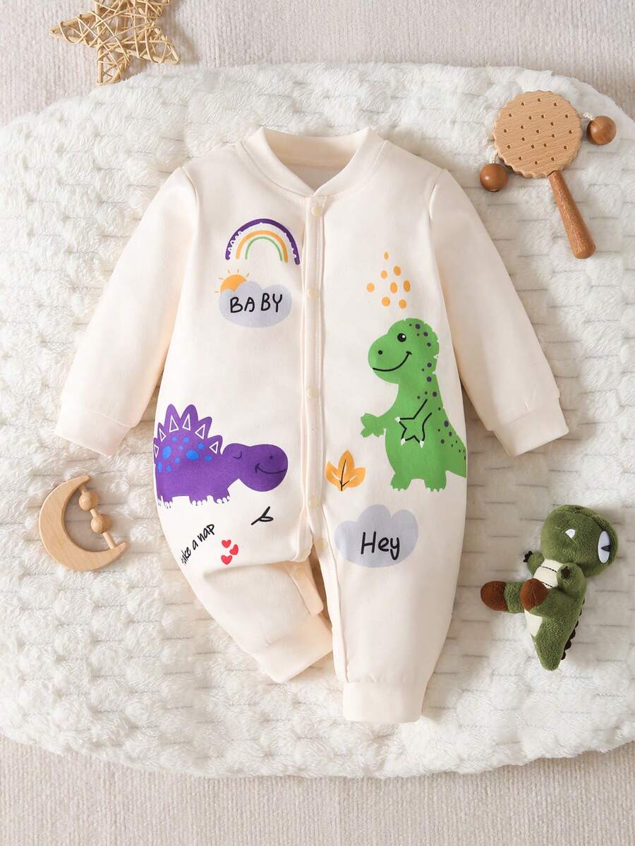 Tutina per neonati e bambini piccoli con simpatico motivo a dinosauro, realizzata in tessuto morbido e confortevole, adatta per l'abbigliamento casual dei bambini - Albicocca - Visualizzare 1