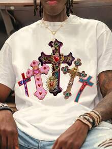 Rovax Comfortable Men's White Crew Neck T-Shirt, Cross Jesus Print T-Shirt, Crew Neck, Short Sleeve, Concert Wear T-Shirt, Vintage Shirt, Graphic T-Shirt, Funny Shirt, Friend Gift,