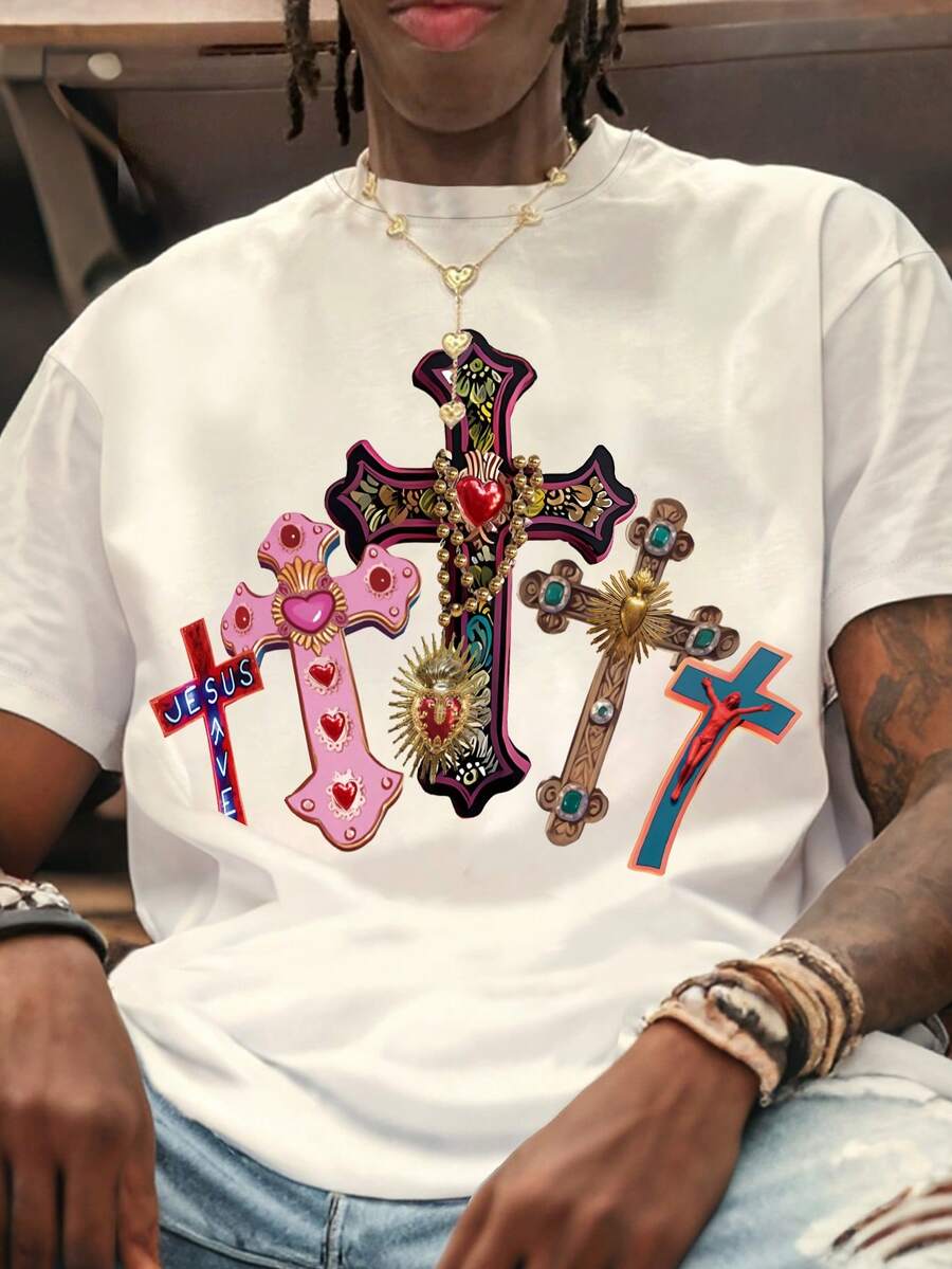 Rovax Comfortable Men's White Crew Neck T-Shirt, Cross Jesus Print T-Shirt, Crew Neck, Short Sleeve, Concert Wear T-Shirt, Vintage Shirt, Graphic T-Shirt, Funny Shirt, Friend Gift,