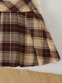 SHEIN 少女櫻桃蝴蝶結可愛圖案連帽衫套裝，格紋紅色百褶裙，少女返校套裝，聖誕服飾，Y2K服飾，冬季套裝，少女服飾，女孩服飾，女孩套裝，長袖上衣與棕色格紋裙 - 米色 - 查看 3
