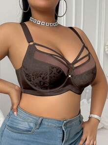 SHEIN Sujetador con aros con parches de malla y decoración de lazo para tallas grandes - Café integral - Ver 3