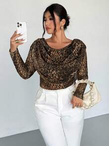 Firerie 大码女式优雅低胸长袖网眼透视修身性感衬衫/大码网眼 T 恤，适合情人节、音乐会、表演、约会、正式晚宴、舞会、婚礼季、性感、优雅、通勤、返校、度假、海滩、浪漫、办公室女神、美人鱼风格、生日派对 - 棕色 - 查看 5