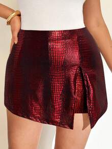 SHEIN Essnce Plus Size Ladies Casual PU Slit Skirt, Summer For Women Carnival - Red - View 6