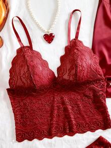 SHEIN Bộ đồ ngủ nữ 5 món, Bộ đồ ngủ ren hoa màu trơn thanh lịch - Áo hai dây cổ chữ V bán trong suốt, Quần lót tam giác, Quần short satin, Áo choàng dài tay có thắt lưng, Đồ ngủ nữ mặc nhà - Màu Đỏ Sâu - Xem 4