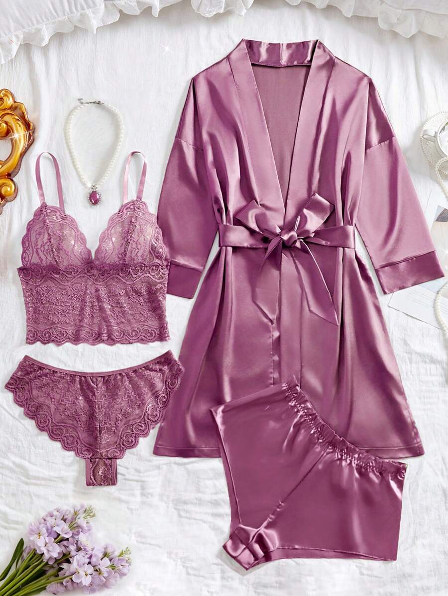 SHEIN Bộ đồ ngủ nữ 5 món, Bộ đồ ngủ ren hoa màu trơn thanh lịch - Áo hai dây cổ chữ V bán trong suốt, Quần lót tam giác, Quần short satin, Áo choàng dài tay có thắt lưng, Đồ ngủ nữ mặc nhà - Màu tím - Xem 1