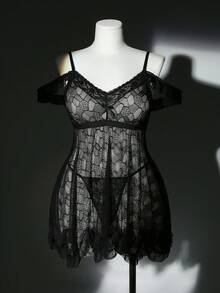 SHEIN 2pcs Plus Size Lace Wireless Sexy Lingerie Set - Black - View 3