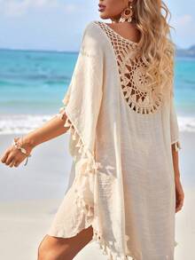 Swim Lushoire Summer Beach Crochet Panel Fringe Decorated Cover Up Dress Wedding