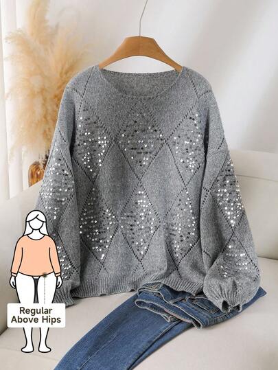 CosyJoli Plus Size Women Casual Sequin Argyle Knit Dropped Shoulder Loose Pullover Sweater, Autumn/Winter Sequin Pullover Gray Sequin Sweater Sparkly Gray Sweater Gray Pullover Sweater Women Sequin Sweater Sweater For Women Grey Sequin Sweater