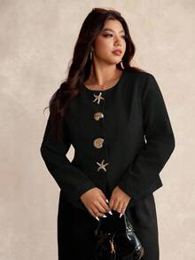 Elaquor Plus Size Casual Metal Shell Button Round Neck Jacket, Autumn - Black - View 5