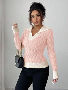 Elenzga pull élégant à motif, coupe ajustée, design mode 2 en 1 avec col en V, pour le travail et la vie quotidienne, nouvelle collection automne/hiver pour femmes - Rose bonbon - Voir 6
