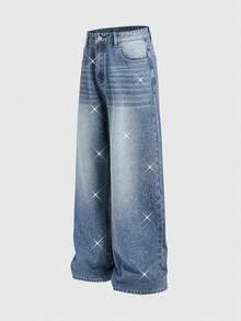 ROMWE MEN Street Life Quần jean ống rộng đính đá pha lê, túi xéo, giặt thường ngày dành cho nam - Màu xanh nhạt - Xem 3