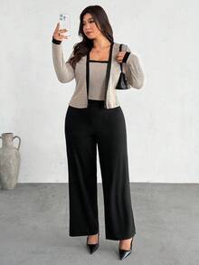 Firerie Plus Size Casual Color Block Trim Long Sleeve Top & Camisole 2 Pieces Set, Autumn - Apricot - View 3