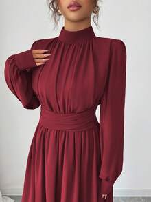 Elenzga 女士休闲、通勤、度假、下午茶、派对纯色棕色雪纺立领宽松交叉系带A字型蝴蝶结衬里长袖连衣裙，春/秋/冬 - 酒紅色 - 查看 5