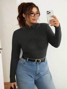 SHEIN Frenchy Plus Solid Ribbed Slim Fit Mock Neck Knit Tee - Dark Grey - View 5