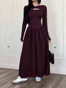 Feyla Elegant Hollow-Out French Style Slimming Dress - Red Violet - View 2