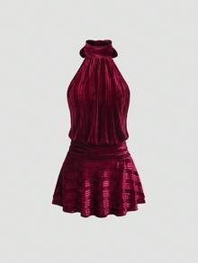 Sweetra 复古酒红色丝绒罗纹露背晚礼服，优雅层叠裙摆设计，适合圣诞节、新年等场合，尽显淑女风范。 - 酒紅色 - 查看 2