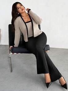 Firerie Plus Size Casual Color Block Trim Long Sleeve Top & Camisole 2 Pieces Set, Autumn - Apricot - View 1