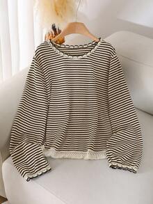 CosyJoli Women's Plus Size Round Neck Tassel Hem Striped T-Shirt, Casual All-Match Versatile Plus Size Tee/Fall/Winter Striped Long Sleeve Knit Tops Stripe Top Striped Sweater - Brown - View 7