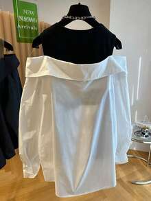 Franclia 大码女式拼色露肩长袖单排扣休闲衬衫