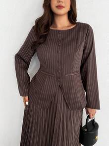 Firerie 大码女式通勤新款仿口袋装饰船领卡其色情人节办公室时尚通勤优雅高街长袖春秋季西装外套和百褶裙两件套 - 咖啡棕 - 查看 8