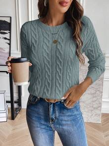 SHEIN LUNE Casual Solid Color Crew Neck Sweater, Autumn/Winter - Dusty Blue - View 3