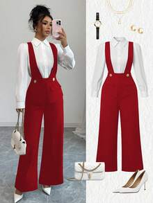 SHEIN Elenzya Women's Black Thick Fabric Deep V-Neck Waist Design Elegant Teacher's Outfit, Suitable For Independence Day, Cyber Monday, Halloween, Singles' Day, Back To School Party, Singles' Party, Holidays, Christmas Eve, Christmas, Halloween Eve, Thanksgiving, Christmas Carnival, Diwali, Travel, Workplace, Autumn Jumpsuit - Red - View 7