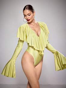 Menodora SHEIN Sport 女士荷叶边V领长袖连体裤，其他舞蹈服 - 芥末黃 - 查看 5