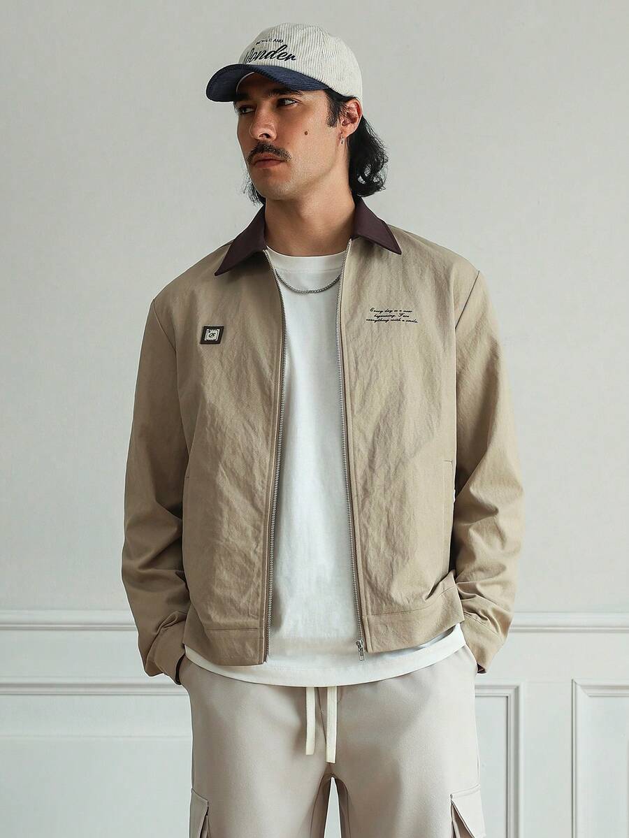 HUEFORM Men's Old Money Letter Print Zip-Up Contrast Color Long Sleeve Casual Collar Color Blocking Design Cargo Jacket - Khaki - View 1