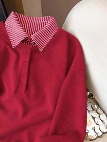 Airaco Women's Striped Patchwork Shirt Collar Long Sleeve Casual Sweatshirt - Red - View 3