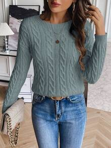 SHEIN LUNE Casual Solid Color Crew Neck Sweater, Autumn/Winter - Dusty Blue - View 6