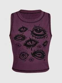 ROMWE Goth Women's Round Neck Eye Pattern Casual Versatile Daily Wear Top - Purple - View 1