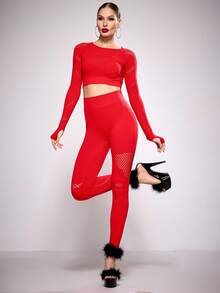 Menodora SHEIN Sport Women's Hollow Out Solid Color Long Sleeve Top And High Waist Skinny Pants Activewear Set Red Workout Set - Red - View 4