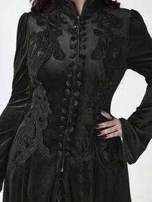 ROMWE Gothic Retro Palace Style Contrast Color Lace Trim Velvet Long Jacket For Women - Black - View 6
