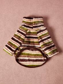 1件宠物通用秋冬双面毛绒弹力舒适保暖面料高领时尚复古棕绿条纹图案狗狗连帽衫 - 彩色 - 查看 3