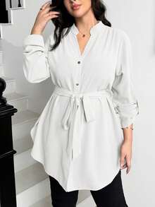 SHEIN Essnce Áo sơ mi dài tay màu trắng ôm dáng, thoải mái, đa năng, dành cho nữ cỡ lớn, thời trang mùa xuân và thu, kiểu dáng đơn giản, thích hợp mặc đi làm. - trắng - Xem 7