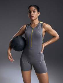 Powerista Reflective Contrast Zipper Fitted Sleeveless Jumpsuit - Mustard Yellow - View 4