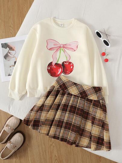 Conjunto de sudadera con capucha y falda plisada a cuadros rojos con estampado lindo de lazo de cereza para niñas preadolescentes