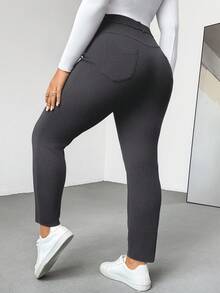 SHEIN Essnce 大码女装春夏时尚休闲舒适基础款日常百搭修身深灰色高弹力紧身裤，女士下装，曲线裤，工作裤，女士办公室裤，女士机场裤，简约风格，教师裤，弹力舒适裤 - 深灰色 - 查看 3