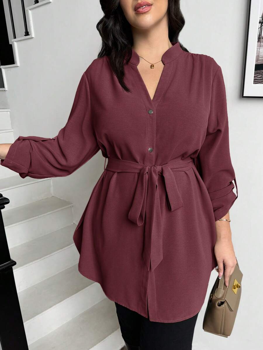SHEIN Essnce 大码女式秋冬春装休闲宽松长袖紫红色长衬衫，V领，适合工作、教师、办公室穿着，秋季简约风格 - 紅木色 - 查看 1