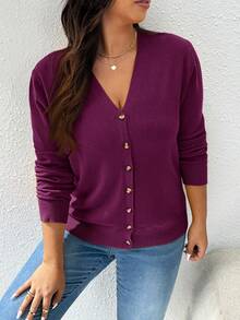 CosyJoli Cárdigan informal de manga larga con botones de unicolor para mujer de talla grande en otoño/invierno - Rojo violeta - Ver 8
