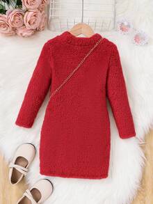SHEIN Váy len hai mặt trơn màu ngọt ngào thời trang cho bé gái kèm túi đeo chéo - Đỏ - Xem 2