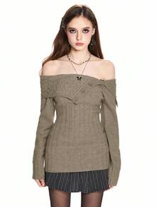 ROMWE Y2K风格露肩罗纹针织毛衣，腰部收紧 - 咖啡棕 - 查看 2