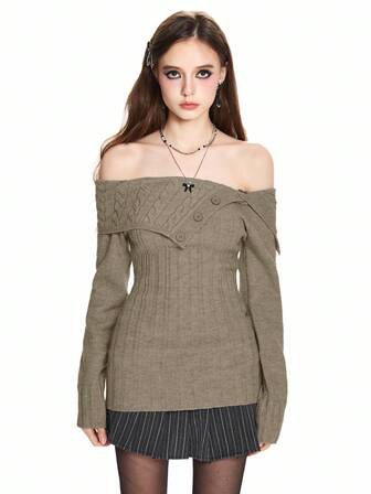 Maglione a costine con spalle scoperte e vita segnata, in stile Y2K