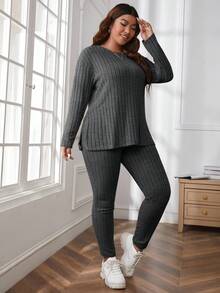 SHEIN Essnce Bộ 2 món áo thun dài tay dệt kim gân thoải mái, thường ngày cỡ lớn và quần dài - Màu xám đen - Xem 5
