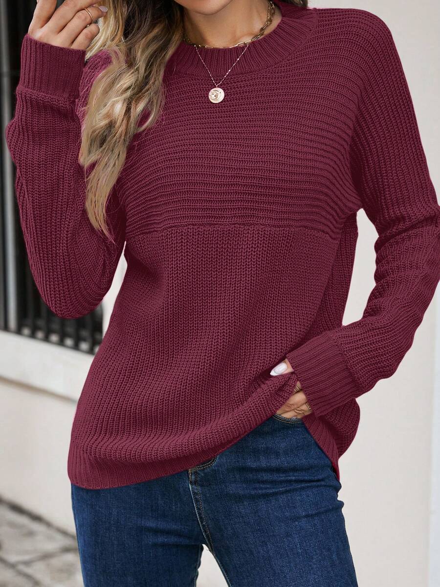 SHEIN Essnce 大码秋冬圣诞节感恩节新年曲线商务休闲女式纯色蝙蝠袖毛衣 - 紫色 - 查看 1