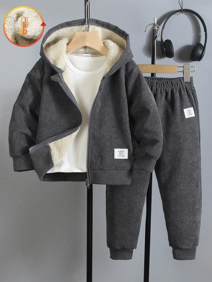 2pcs/Set Young Boy Casual Grey Corduroy & Thermal Lined Hooded Jacket With English Letter Patch And Elastic Waist Pants, Suitable For 4Y-7Y Boys Outdoor, Street Autumn/Winter,Thermal Thermal Lined - Grey - View 1