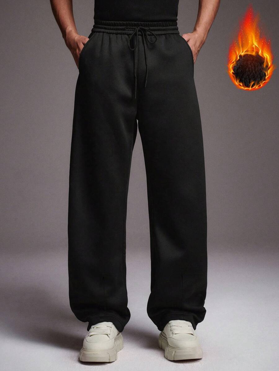 STYNVO Calça de Moletom Masculina de Cor Sólida com Cordão na Cintura, Bolsos, Perna Larga, Casual, Fleece, Preto, Folgada, Calça de Moletom Masculina Flare - Preto - Visão 1